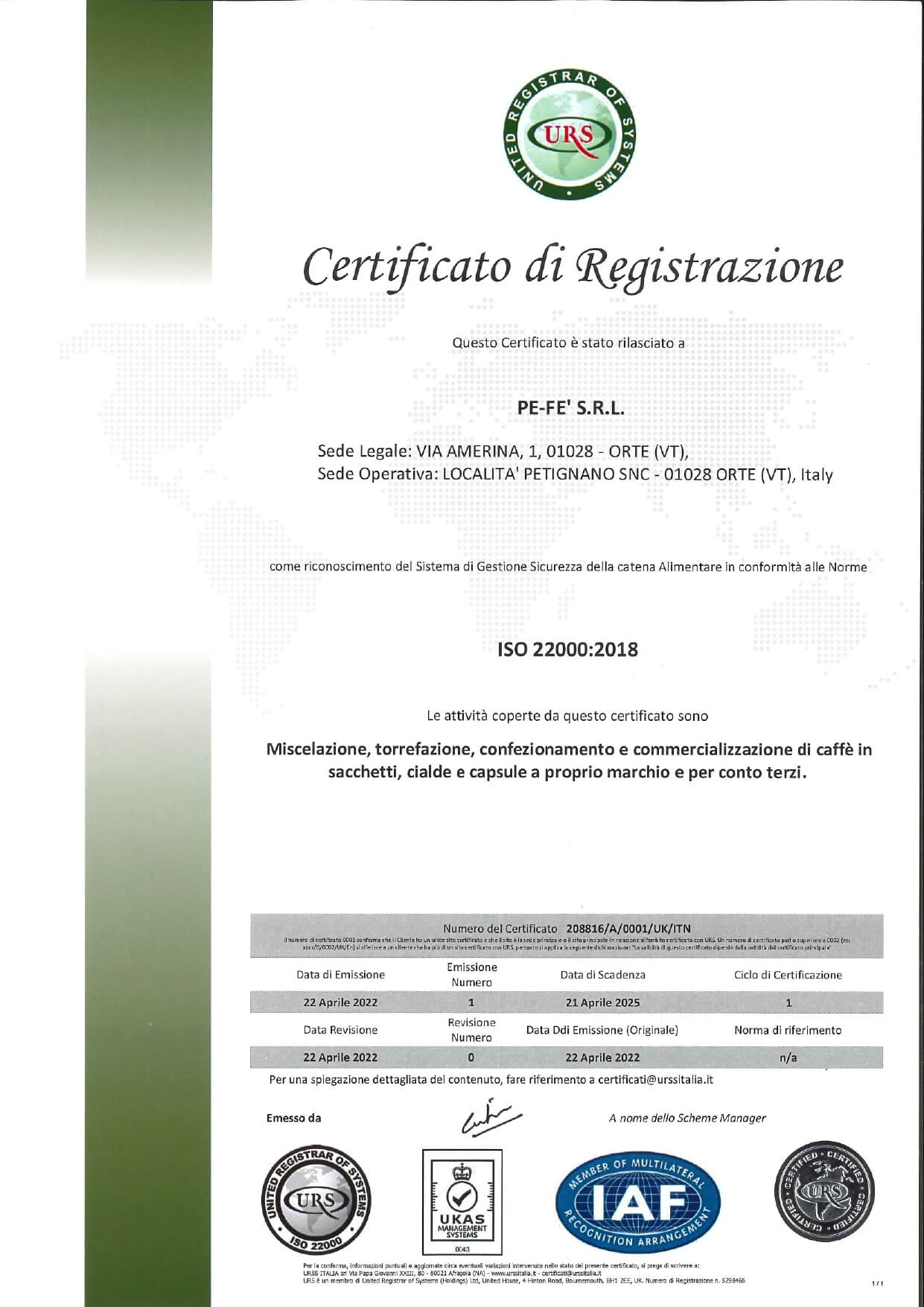 Certificazione Caffè Pe-Fè ISO 22000